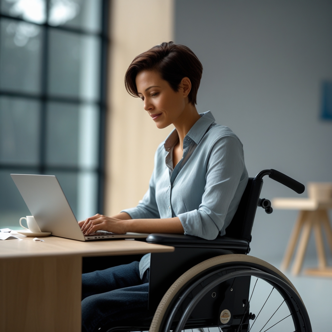 Persona en silla de ruedas trabajando en computadora